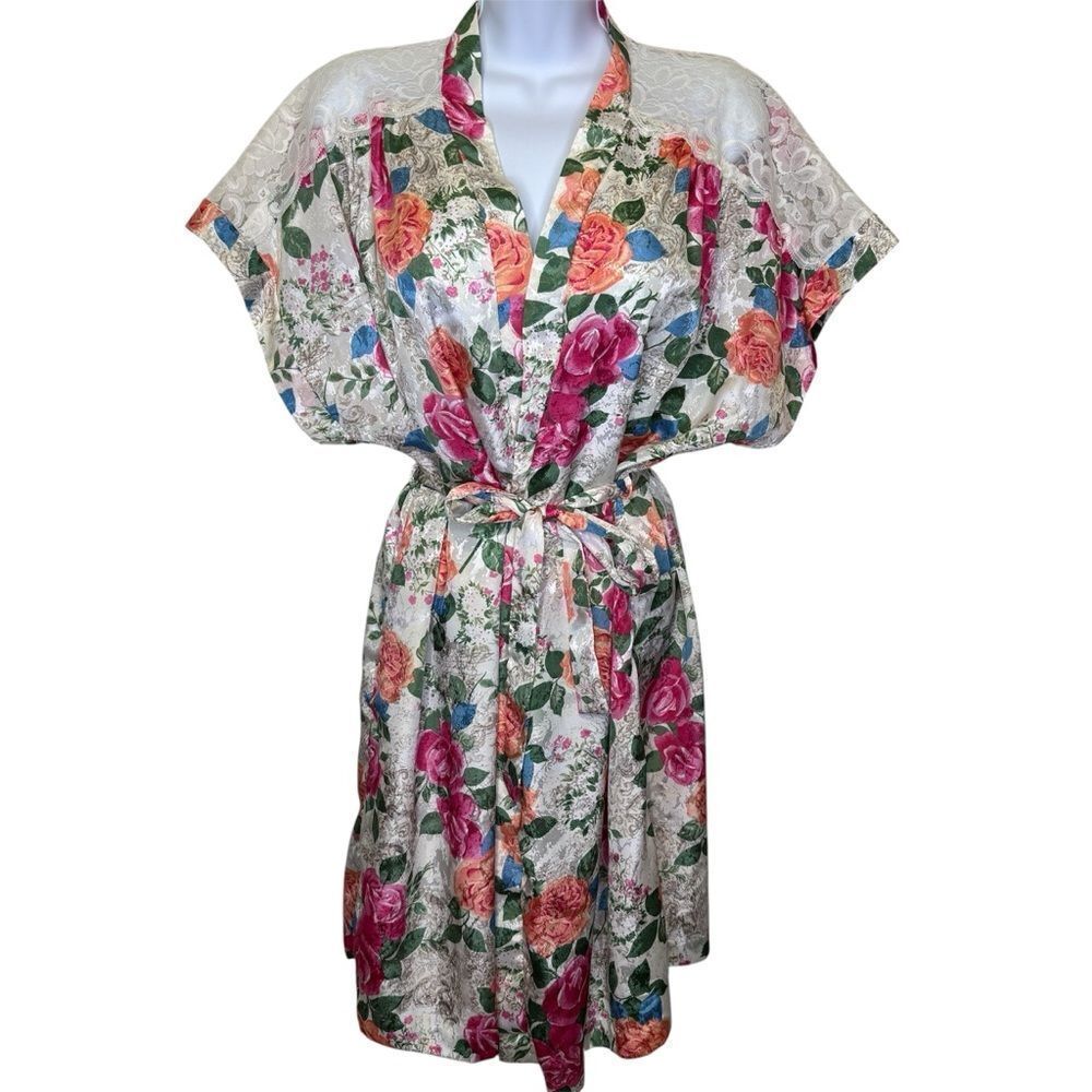 Vintage Cinema Etoile Floral Lace Kimono Robe Matching Sash Pink White Green Med